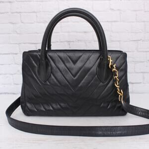 Chanel V Stitch 2 Way Handbag Black Lambskin Leather Shoulder Purse A4935